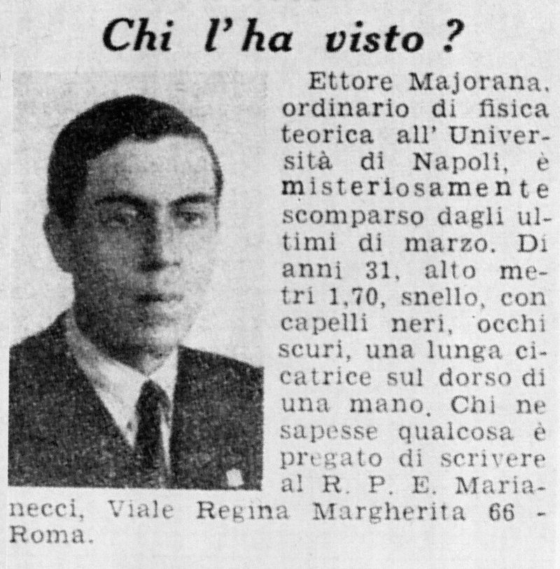 Annuncio della scomparsa di Ettore Majorana pubblicato dalla Domenica del Corriere nel 1938